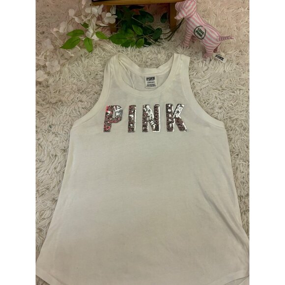 Victorias Secret Pink Silver Sequin Logo White Tank Top XS Glitter Sparkle - Picture 5 of 12